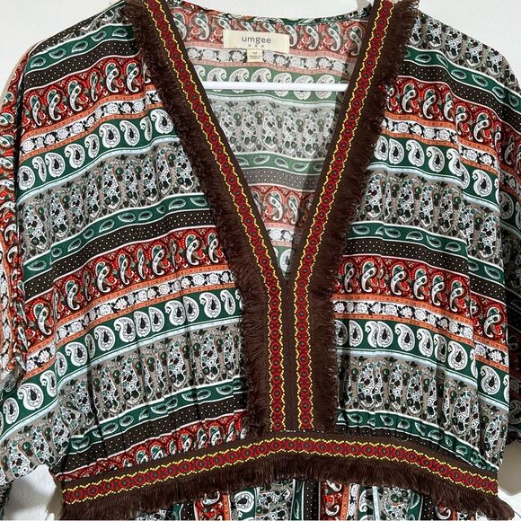 Umgee USA Boho Multicolor Paisley Print Tunic Top with Fringe Accents, Size M - Picture 3 of 7